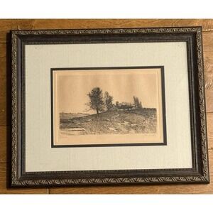Nan Lindahl "Hillside" Etching — (1900-1935) Signed Landscape with Barn — 16″×13
